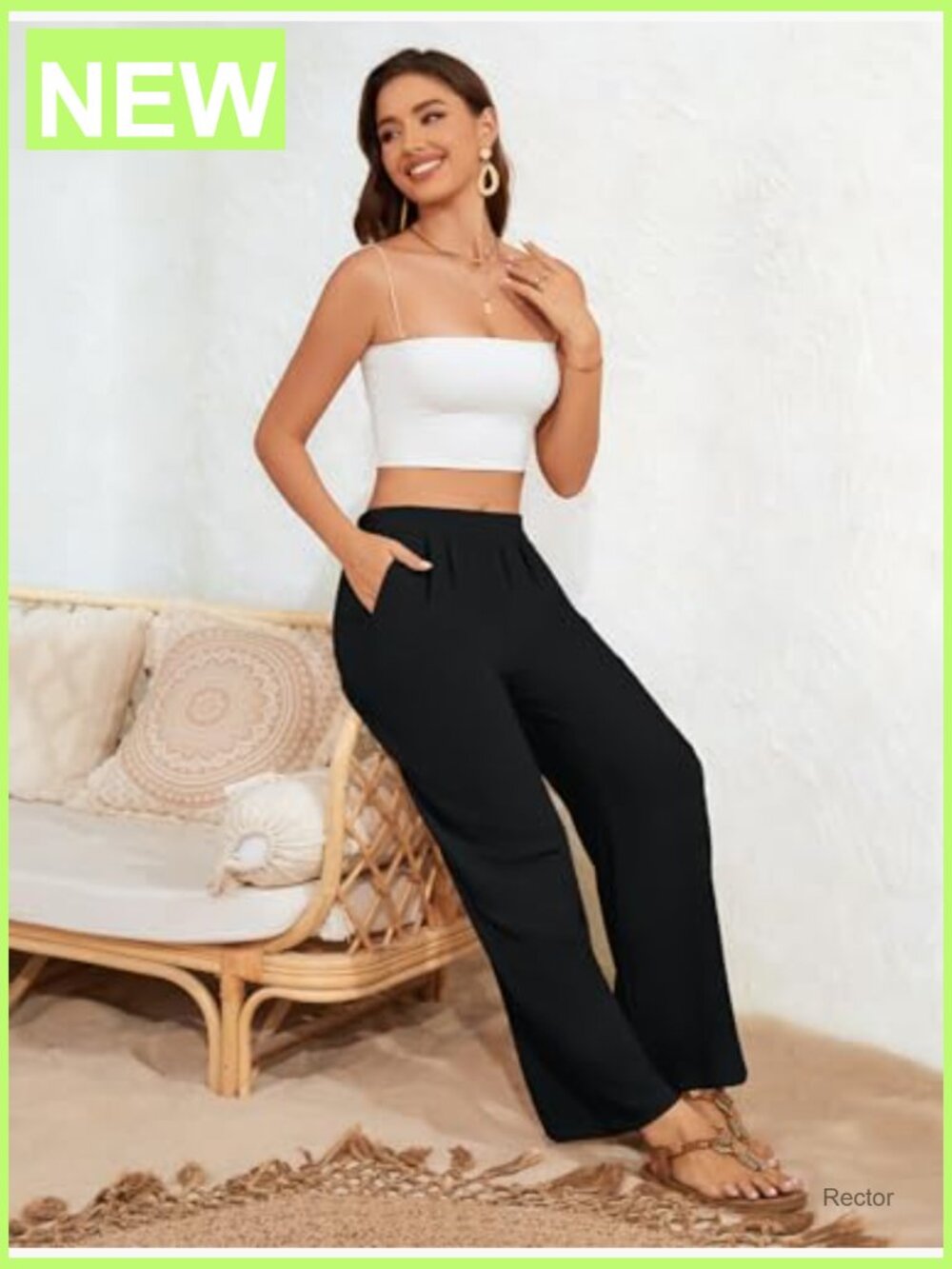 Linen Palazzo Pants Wide Leg Elastic Waist Flowy Trousers with Pockets for - Picture 6 of 7